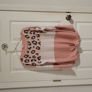 Pink Leopard Waffle Knit Tie Sweater EUC